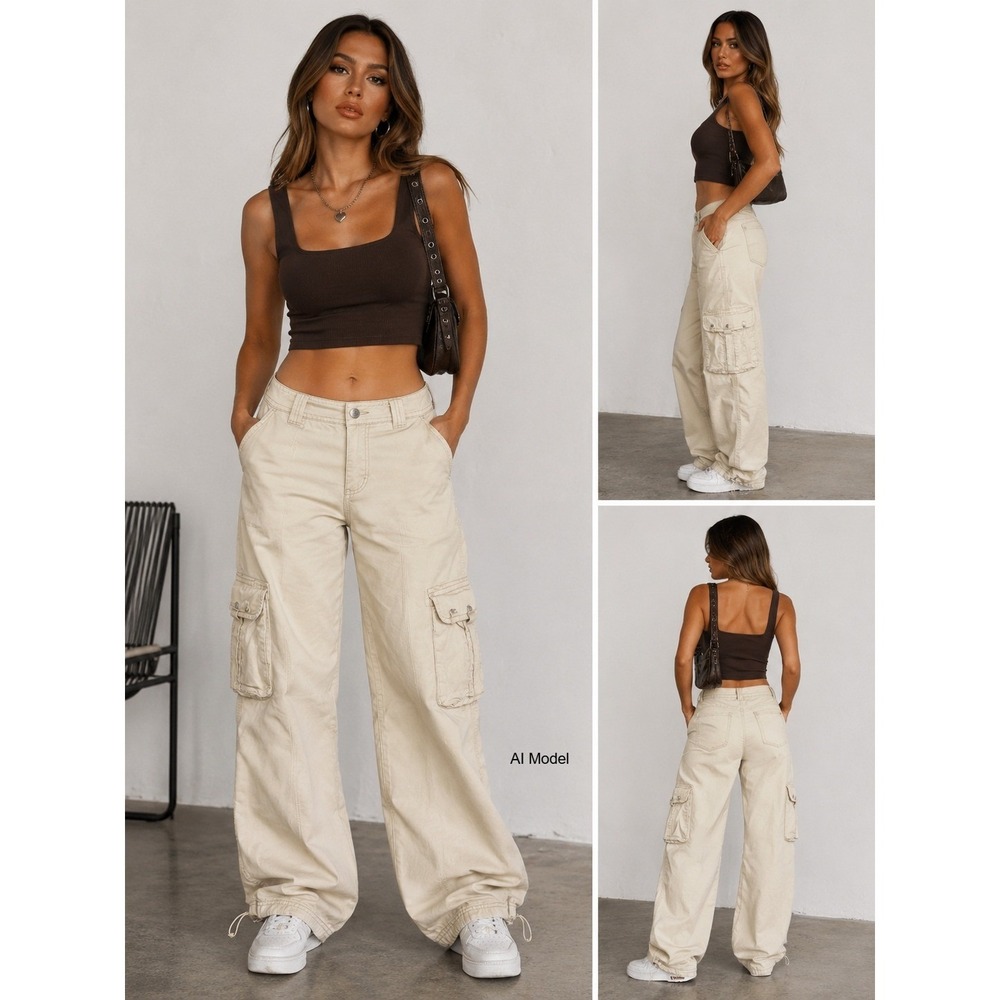 Y2K Baggy Cargo Pants‎ Womens size 3 Beige Garage Skater Parachute Utility *